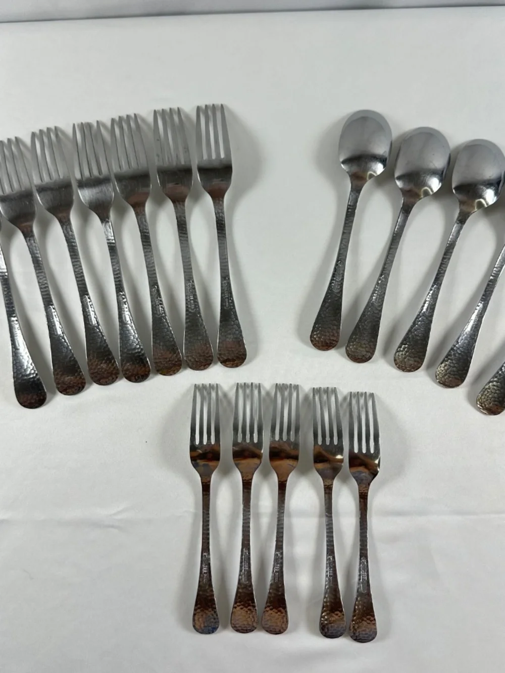 Stainless China Flatware, 17 Piece, Hammered Silver Pattern, Dinner, Salad, Soup